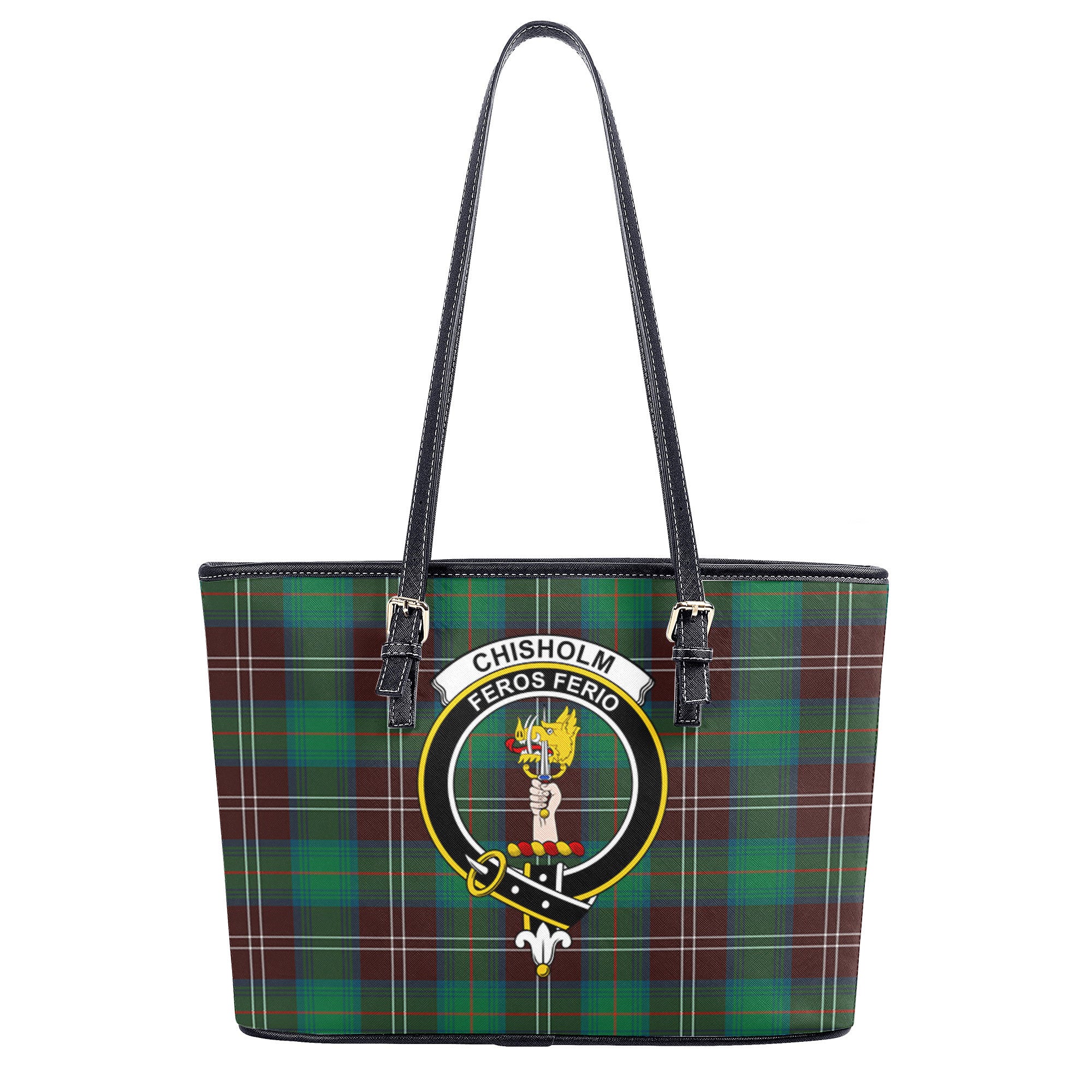 Chisholm Hunting Ancient Tartan Crest Leather Tote Bag