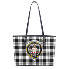 MacFarlane Black _ White Tartan Crest Leather Tote Bag