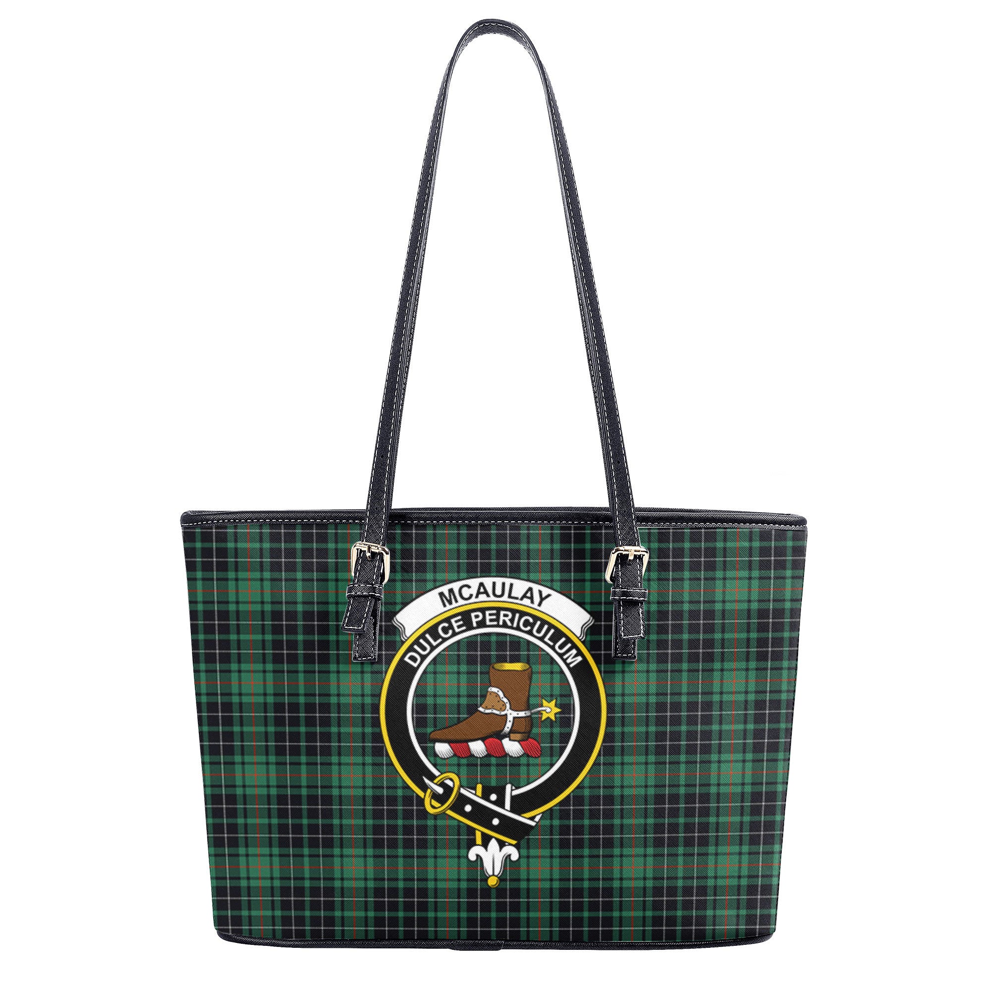 McAulay Hunting Ancient Tartan Crest Leather Tote Bag