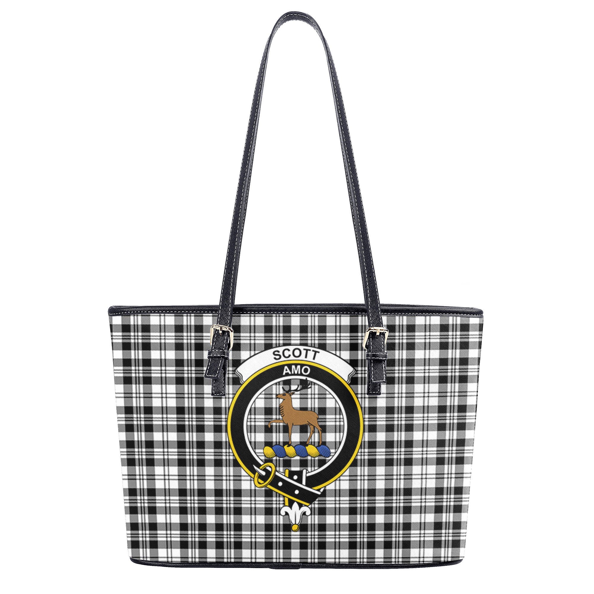 Scott Black & White Modern Tartan Crest Leather Tote Bag