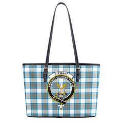 Stewart Muted Blue Tartan Crest Leather Tote Bag