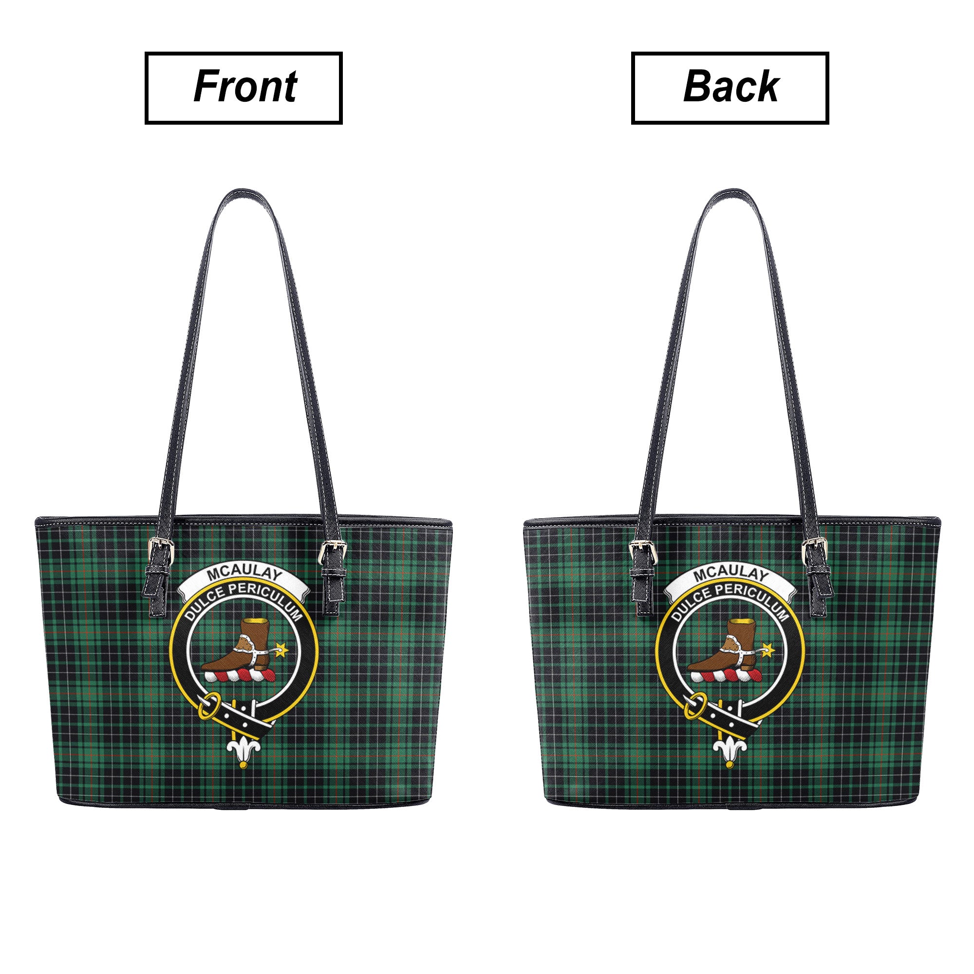 McAulay Hunting Ancient Tartan Crest Leather Tote Bag