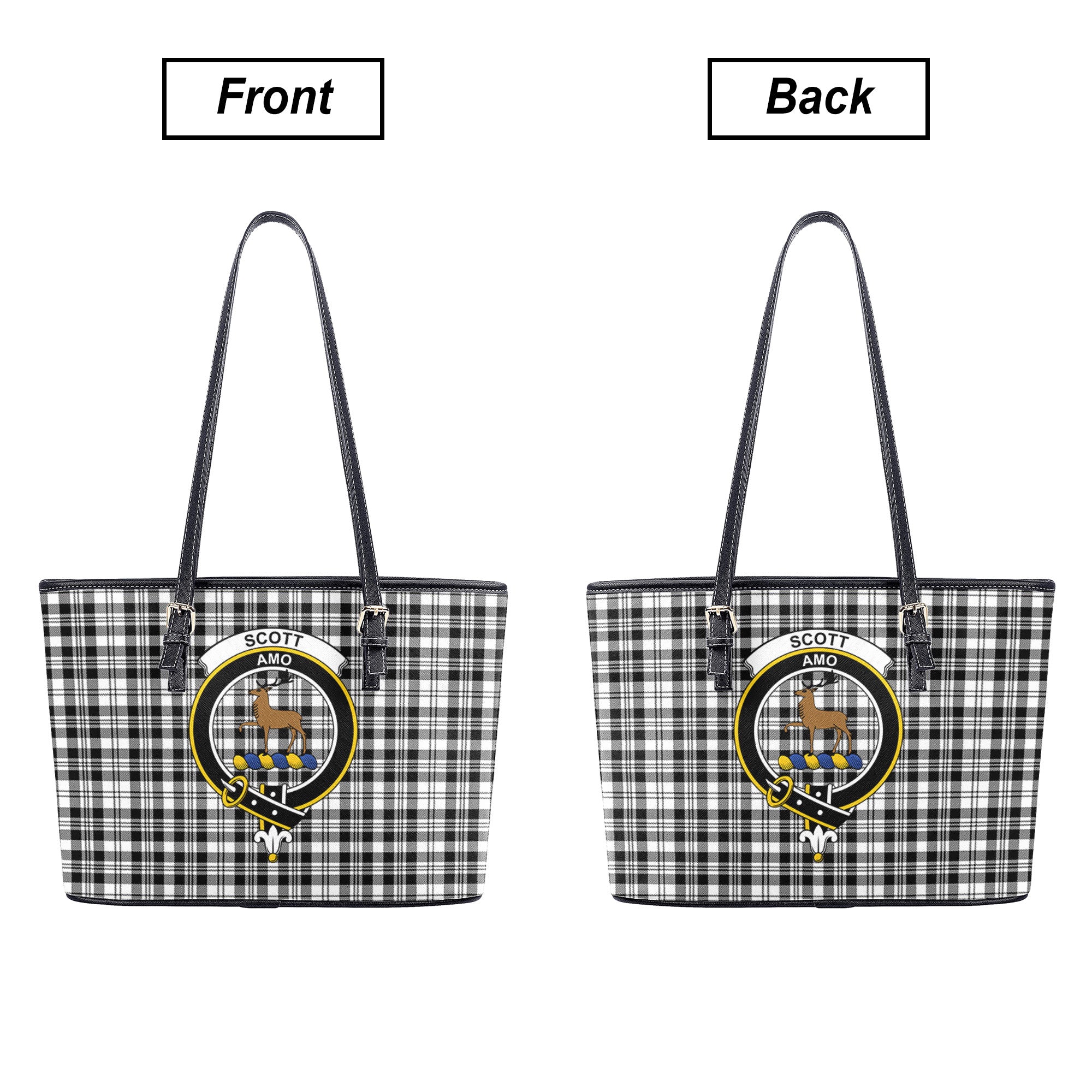 Scott Black & White Modern Tartan Crest Leather Tote Bag