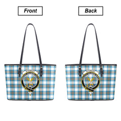 Stewart Muted Blue Tartan Crest Leather Tote Bag