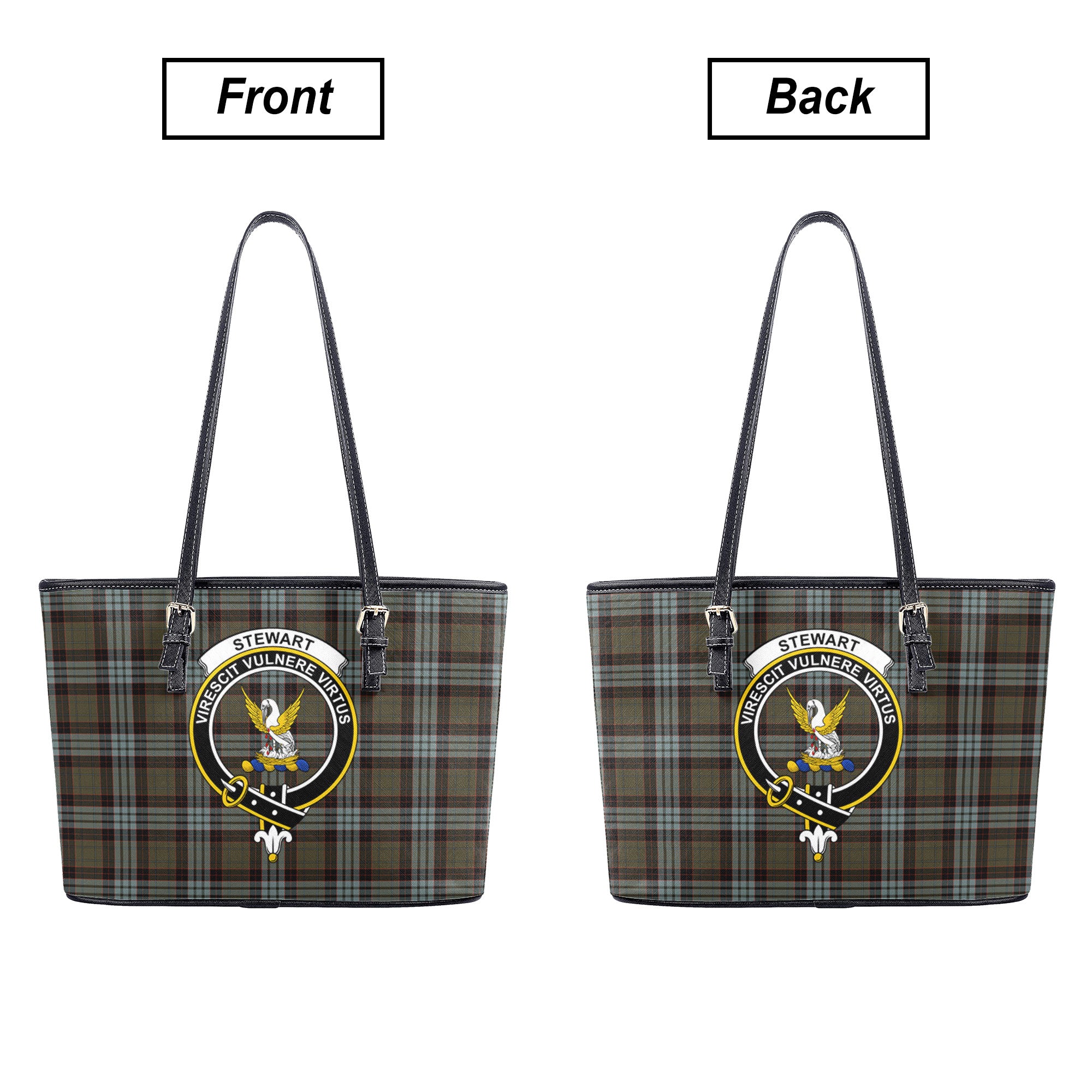 Stewart Old Weathered Tartan Crest Leather Tote Bag