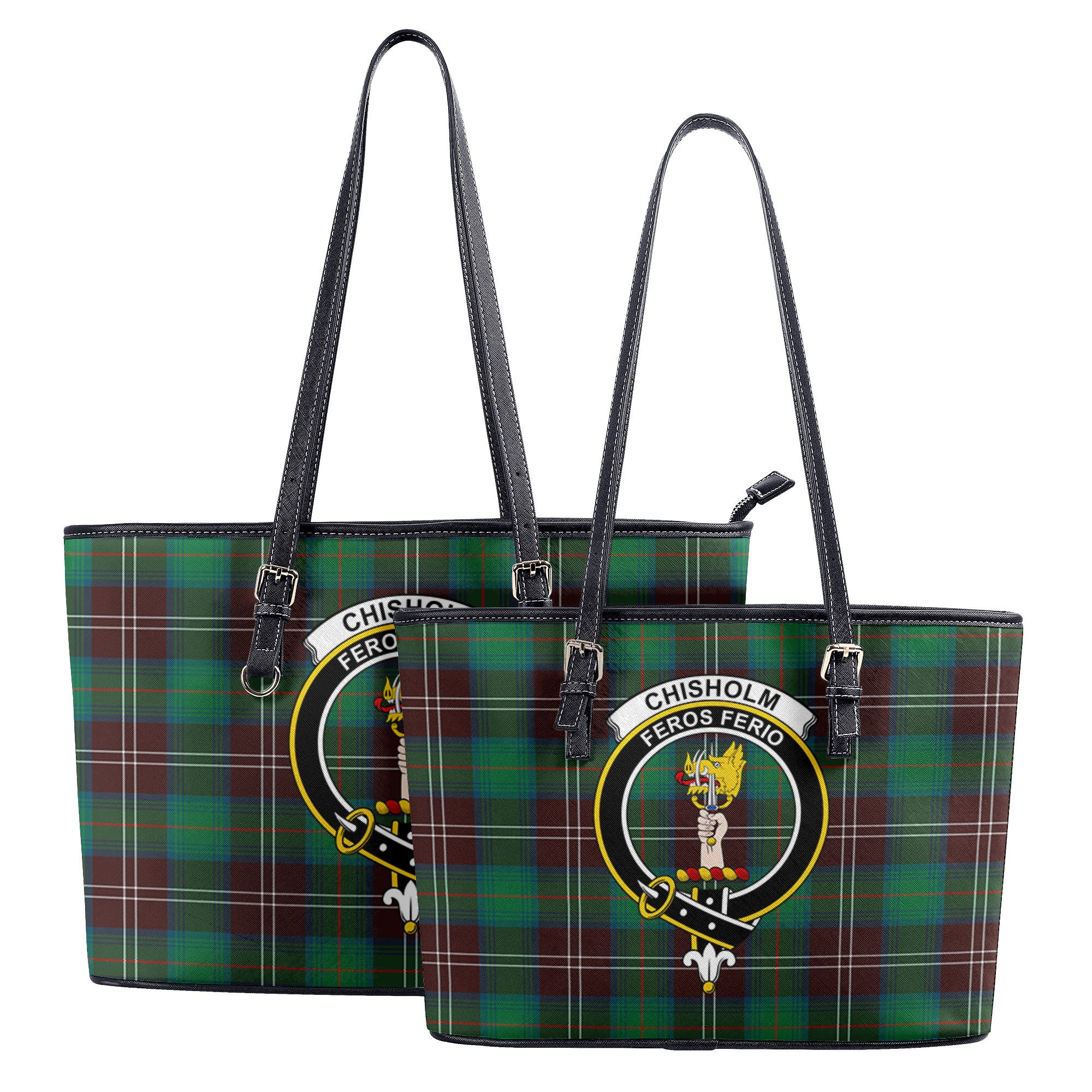 Chisholm Hunting Ancient Tartan Crest Leather Tote Bag