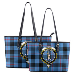 MacKay Blue Tartan Crest Leather Tote Bag