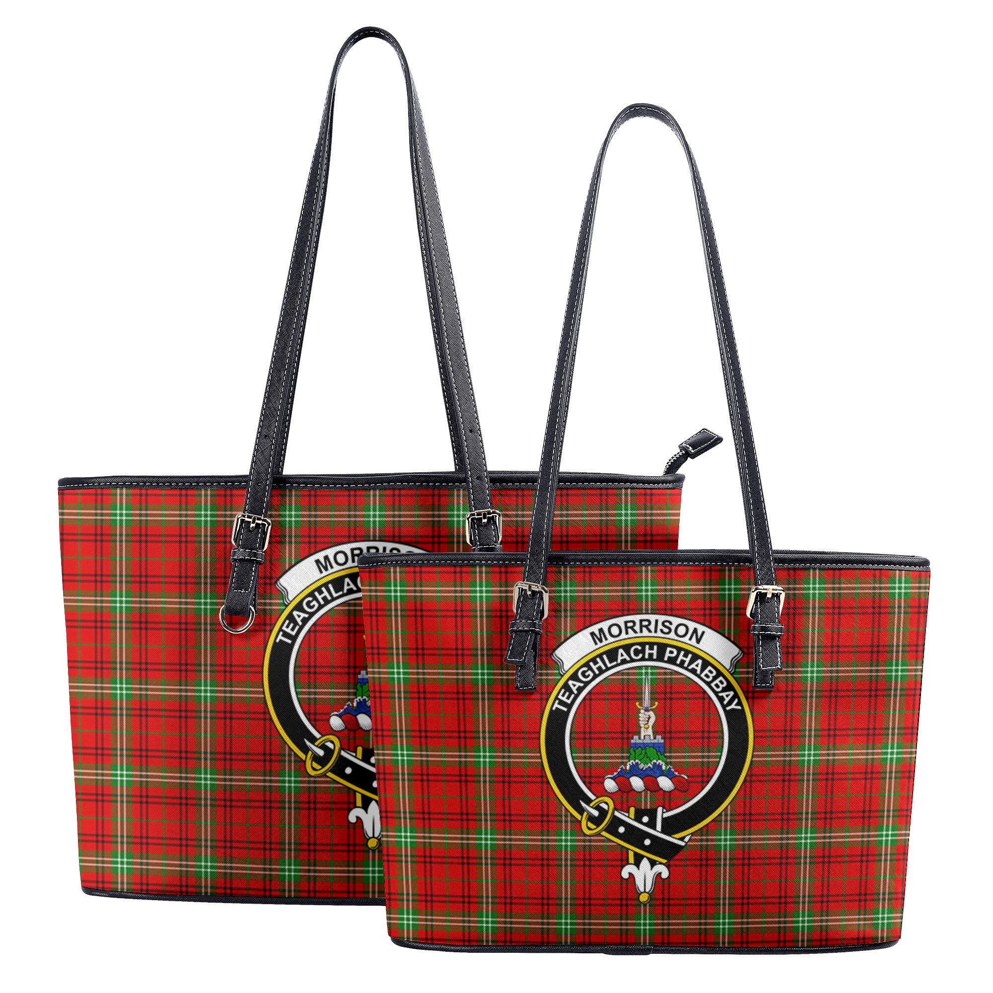 Morrison Red Modern Tartan Crest Leather Tote Bag