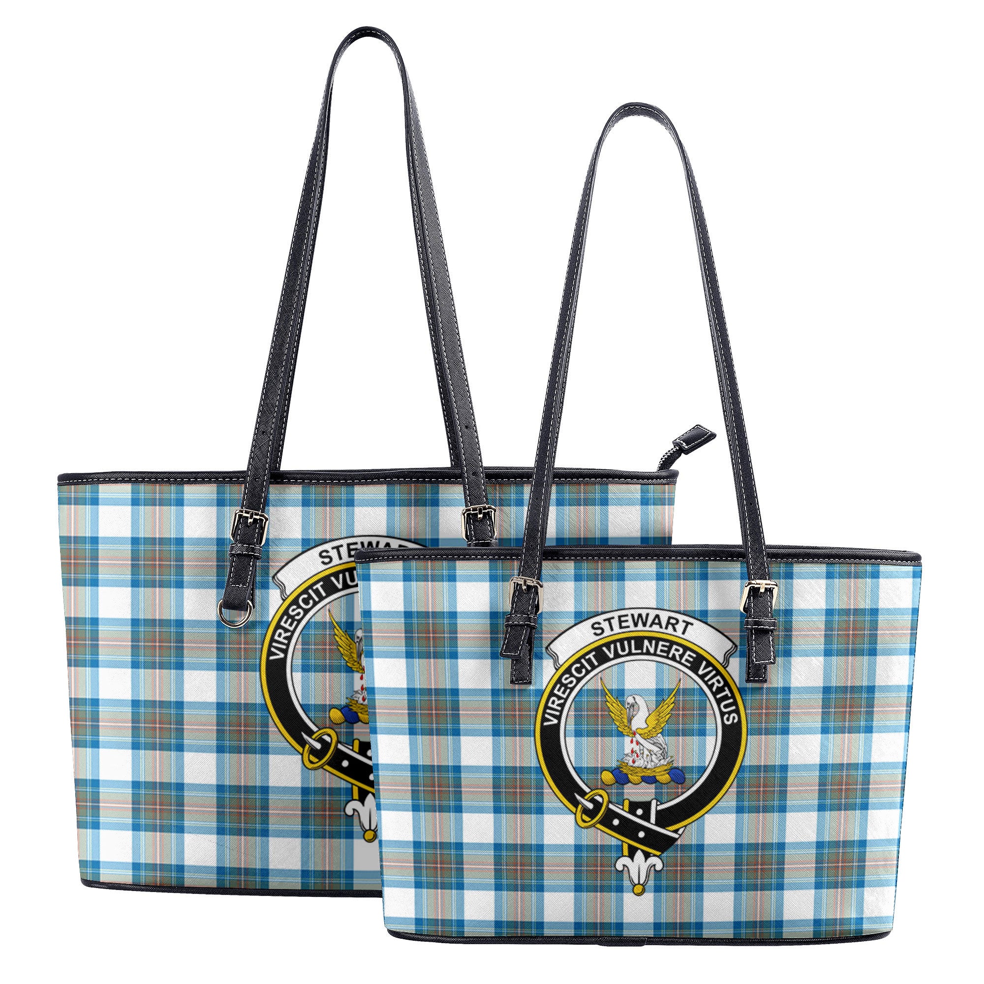 Stewart Muted Blue Tartan Crest Leather Tote Bag