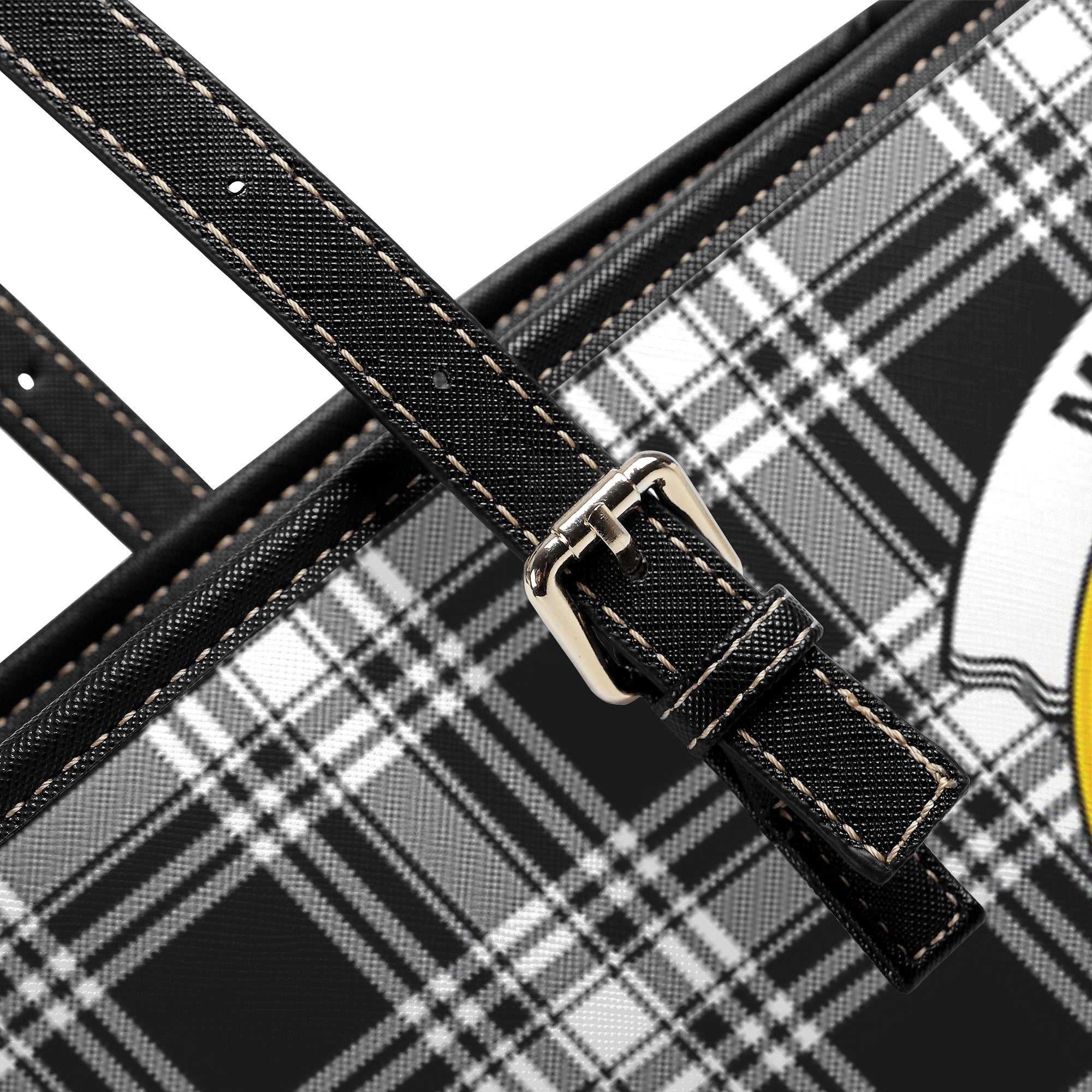 Menzies Black - White Modern Tartan Crest Leather Tote Bag