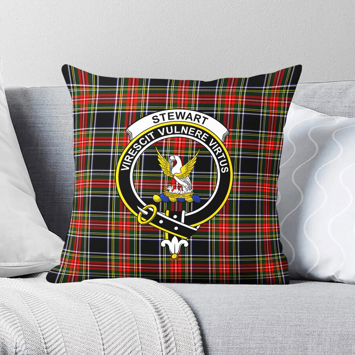 Stewart Black Tartan Crest Pillow Cover