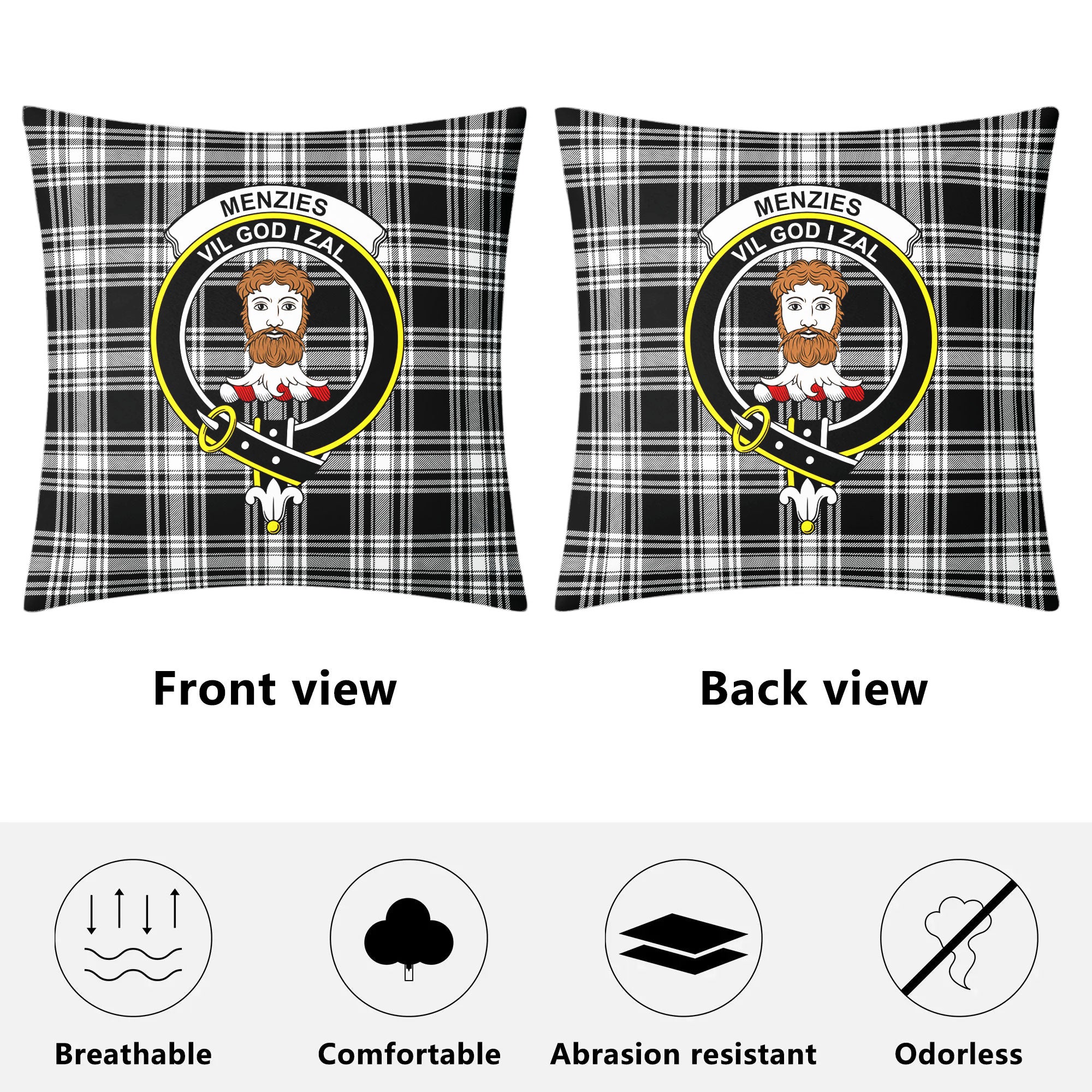 Menzies Black - White Modern Tartan Crest Pillow Cover