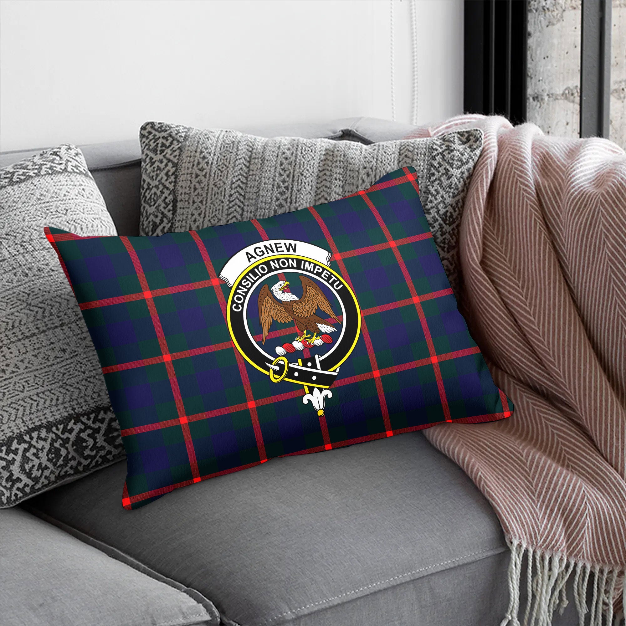 Agnew Modern Tartan Crest Pillow Cover