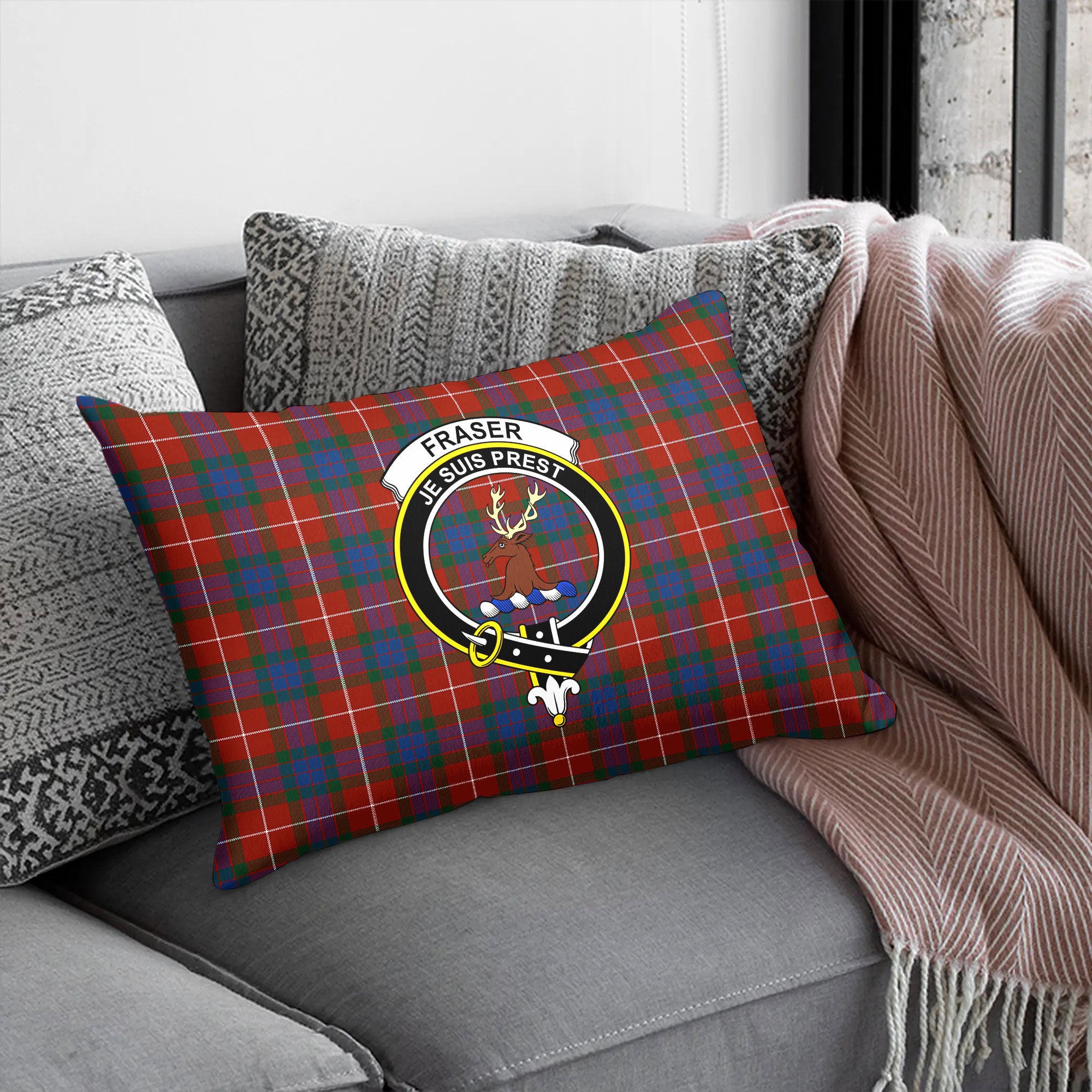 Fraser (of Lovat) Ancient Tartan Crest Pillow Cover