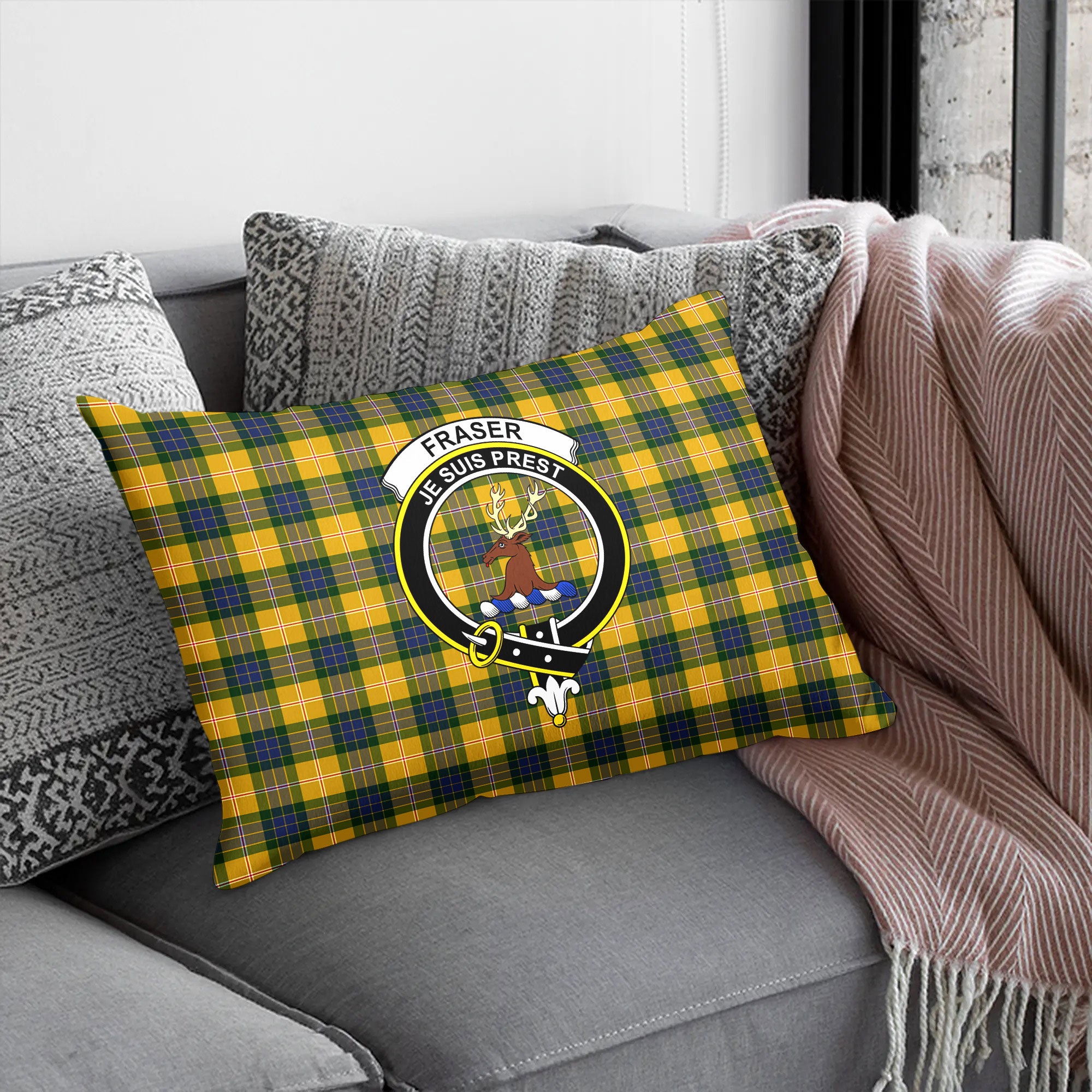 Fraser (of Lovat) Yellow Tartan Crest Pillow Cover