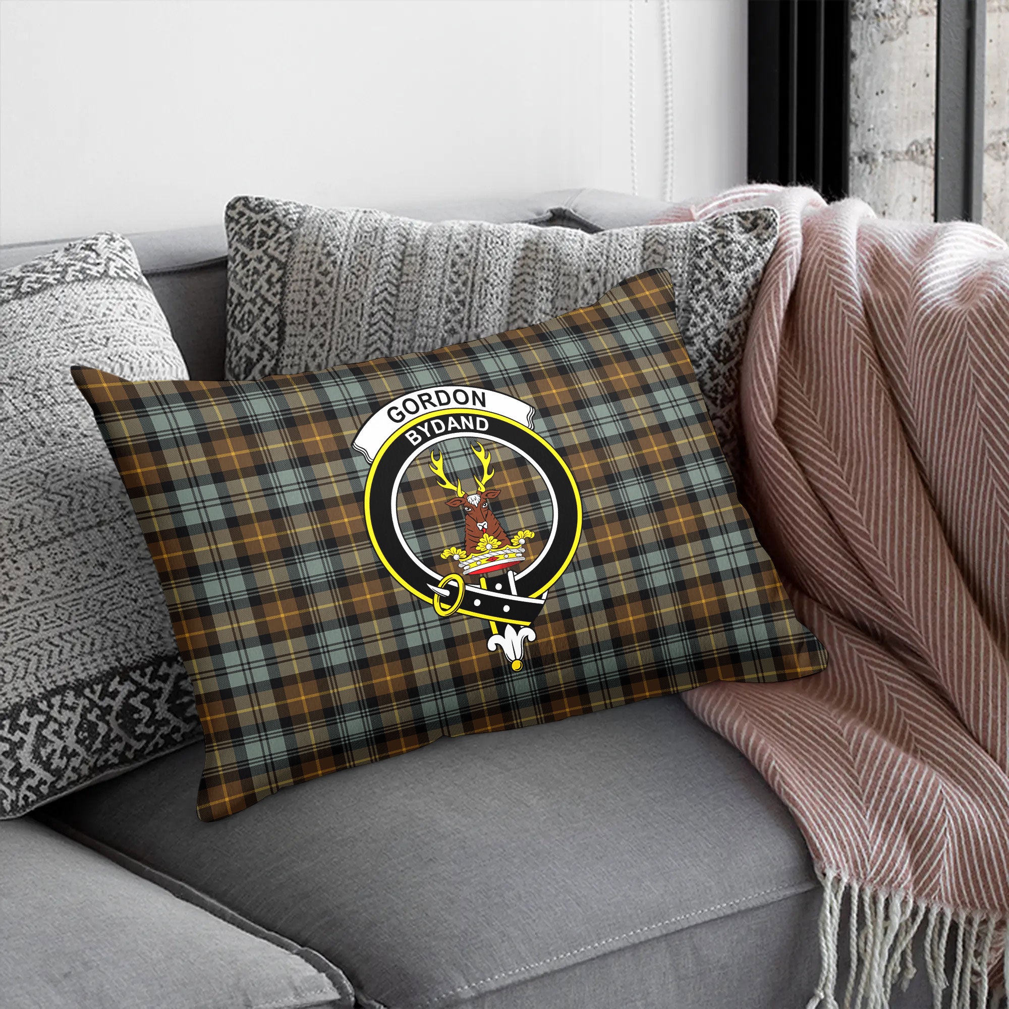 Gordon Weathered Tartan Crest Pillow Cover