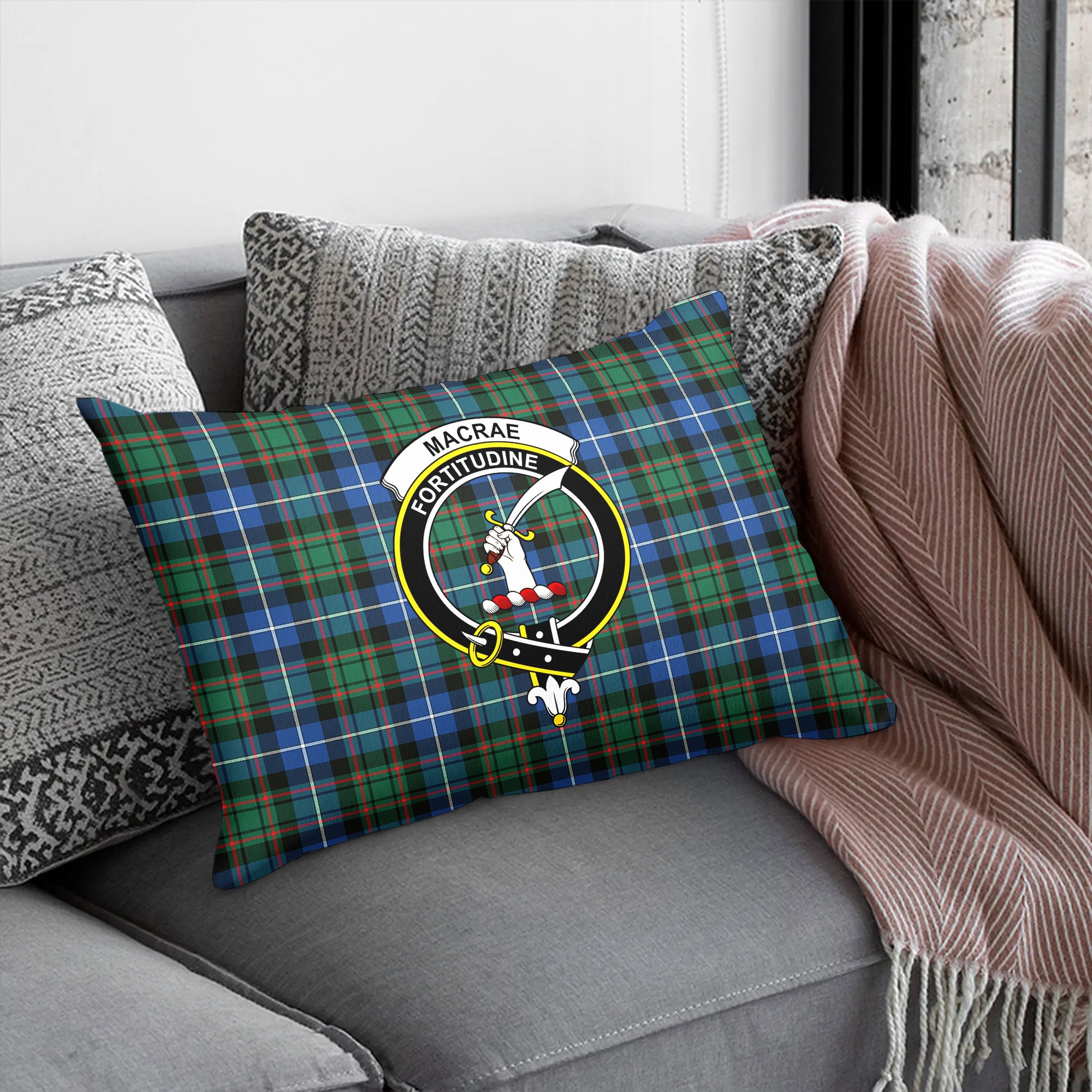 MacRae Hunting Ancient Tartan Crest Pillow Cover