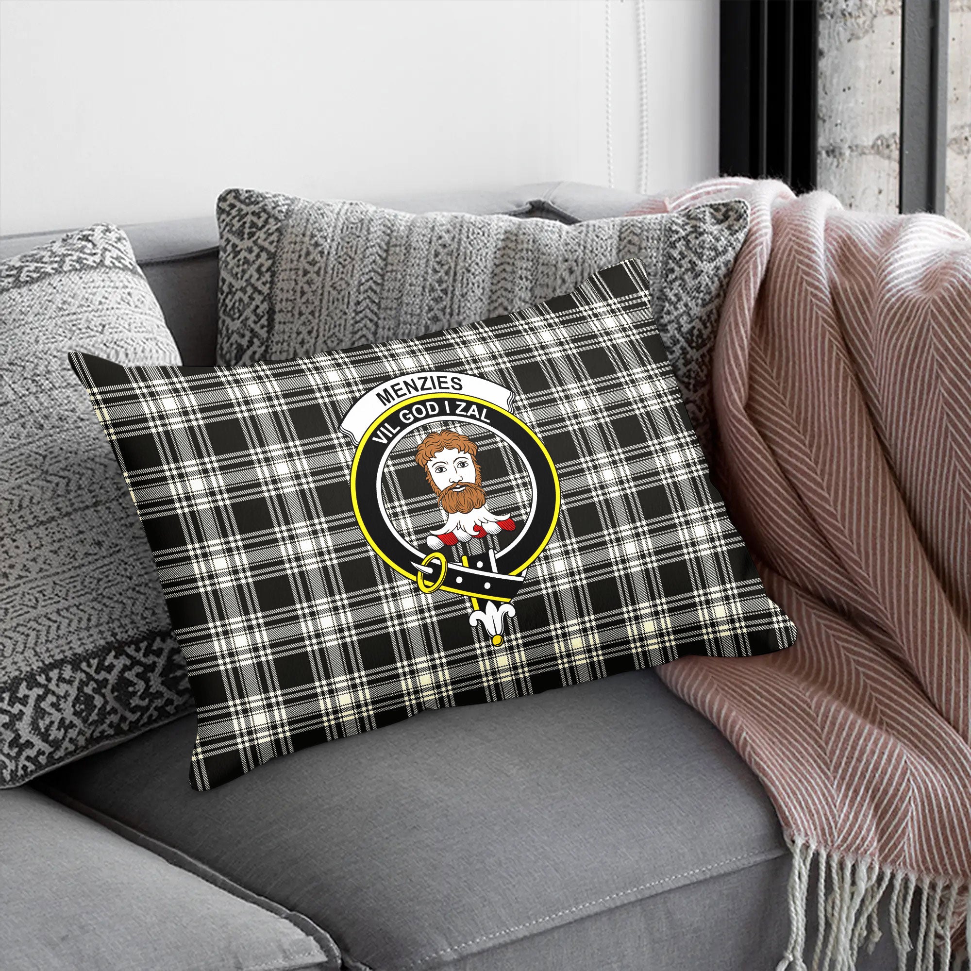 Menzies Black - White Ancient Tartan Crest Pillow Cover