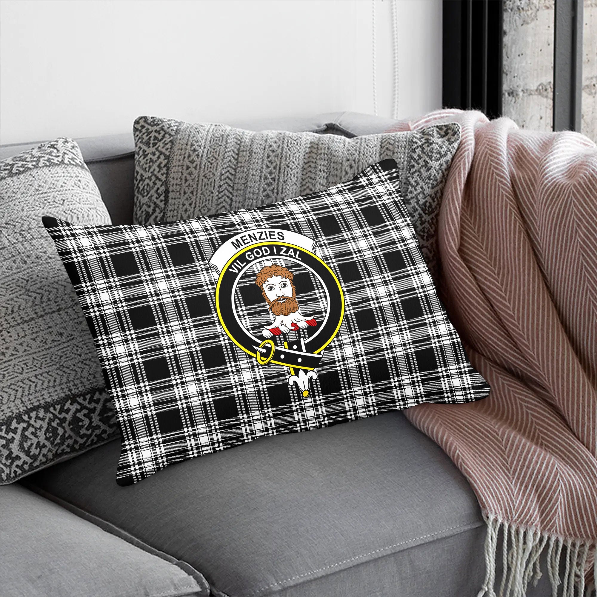 Menzies Black - White Modern Tartan Crest Pillow Cover