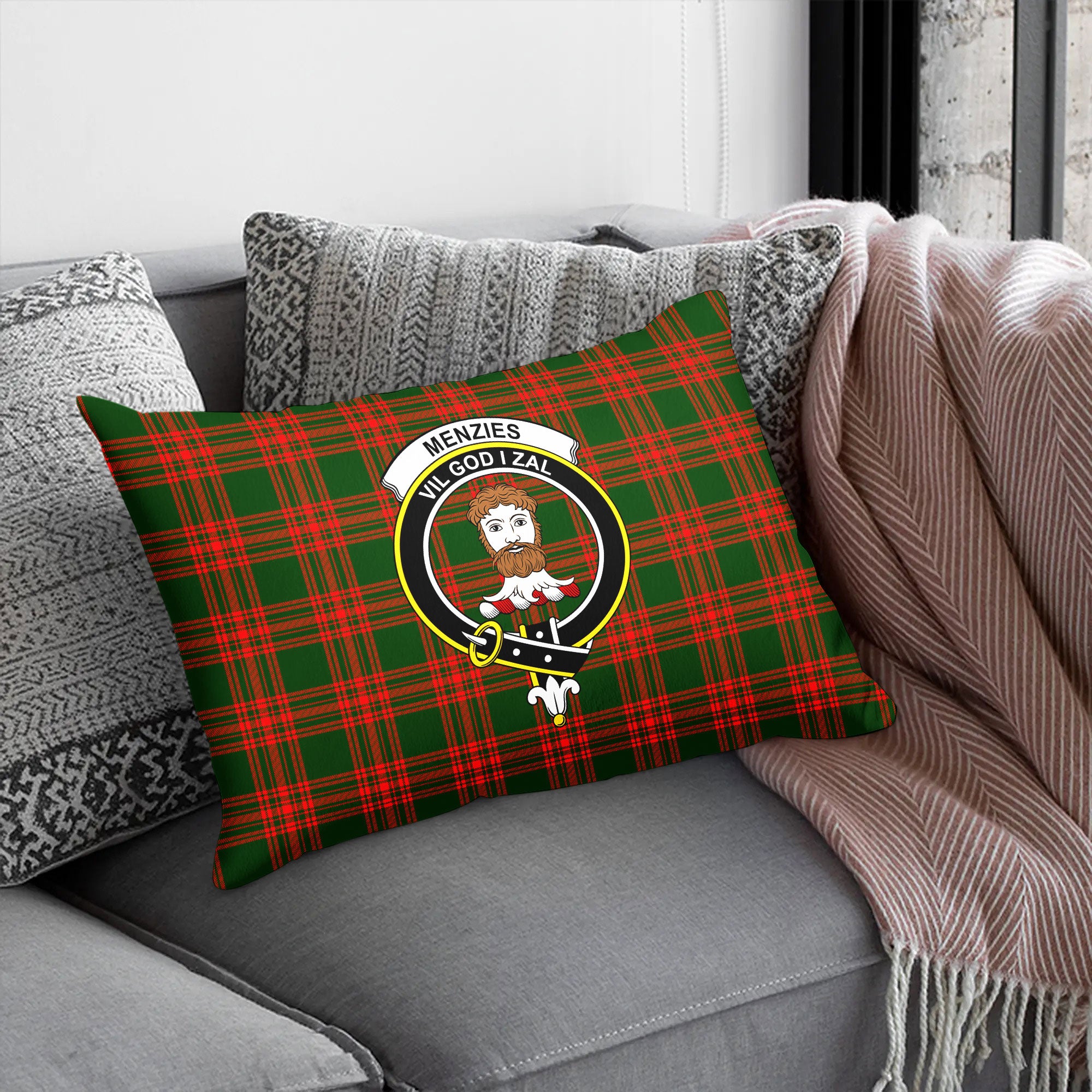 Menzies Green Modern Tartan Crest Pillow Cover