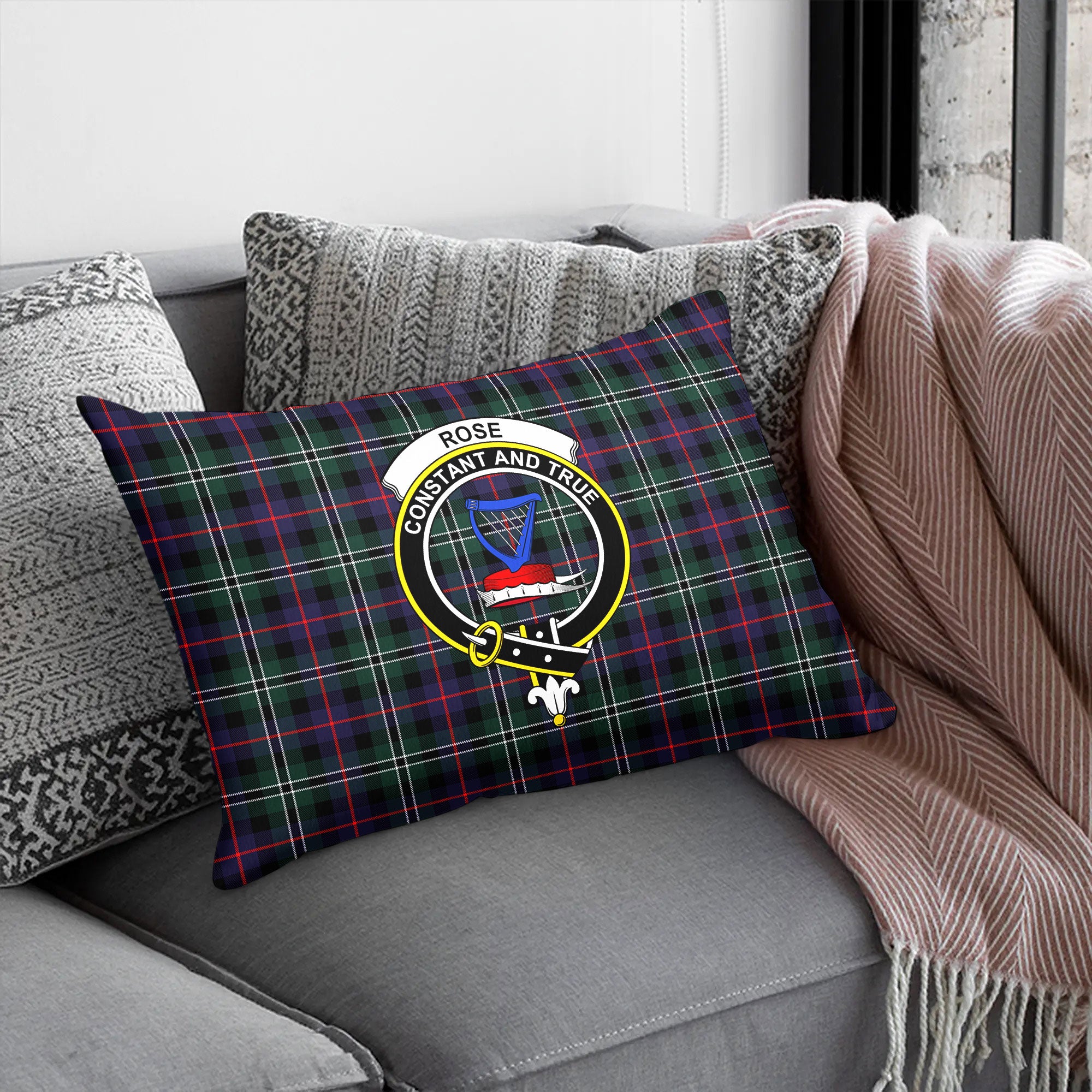 Rose Hunting Modern Tartan Crest Pillow Cover