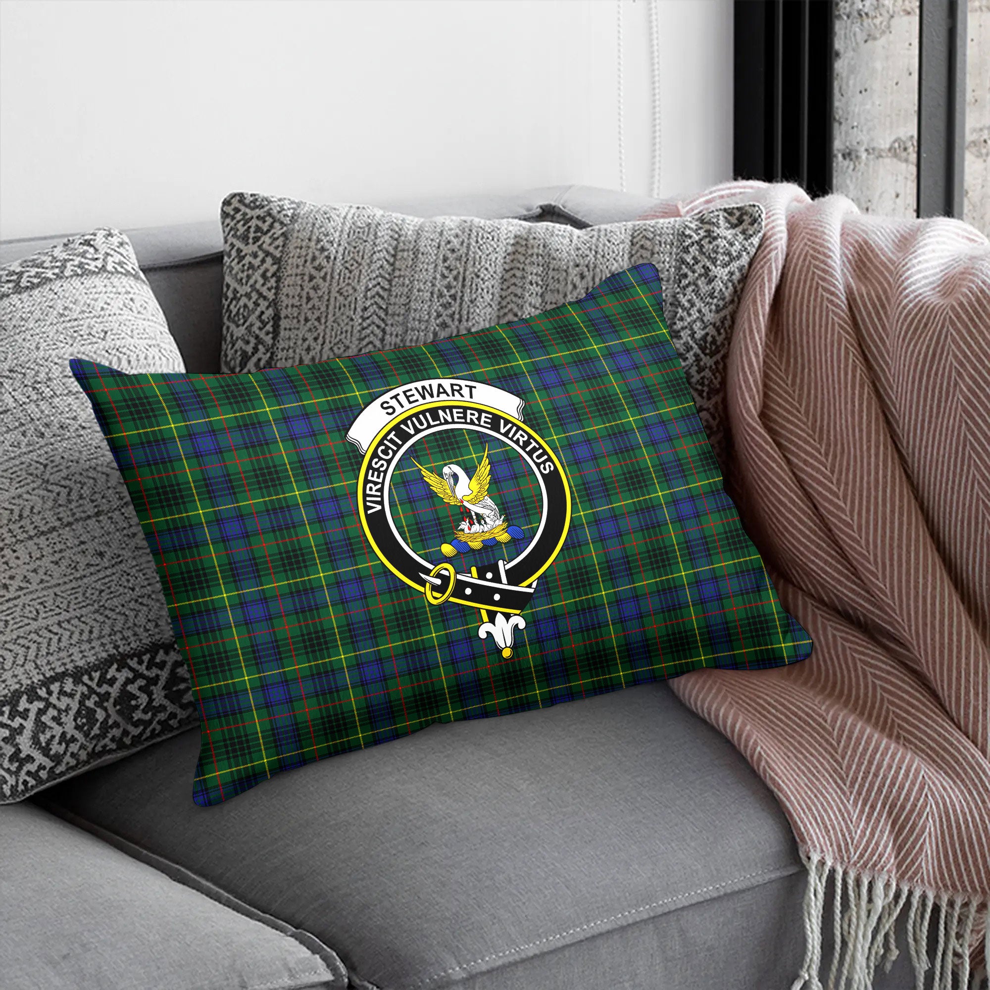 Stewart Hunting Modern Tartan Crest Pillow Cover