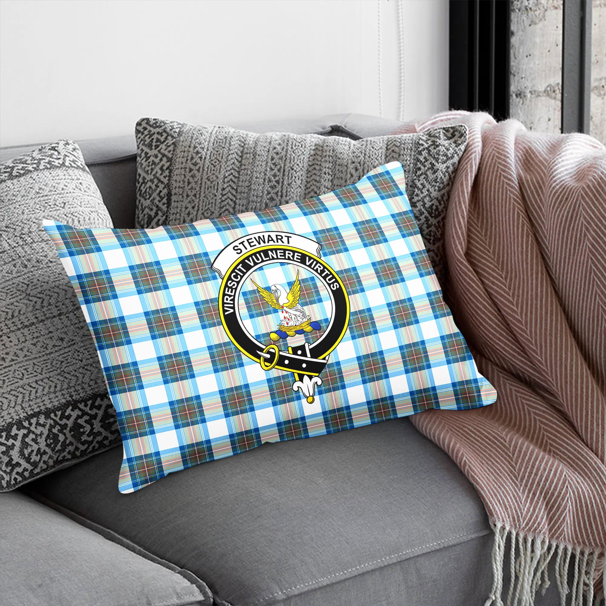 Stewart Muted Blue Tartan Crest Pillow Cover