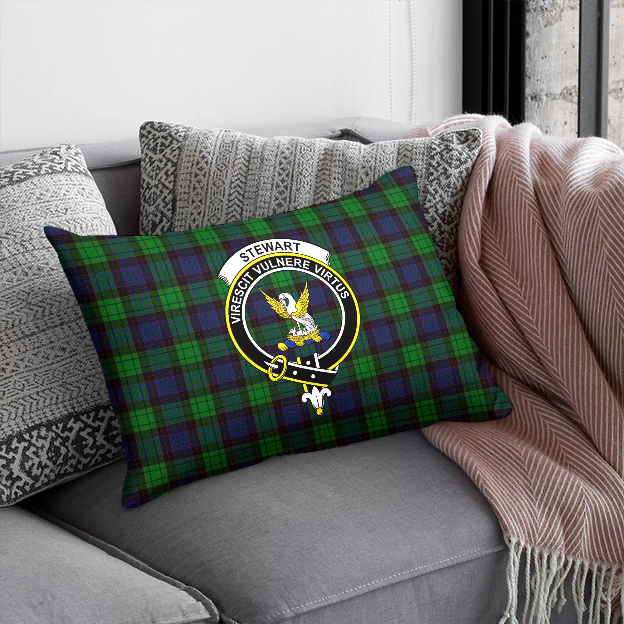 Stewart Old Modern Tartan Crest Pillow Cover