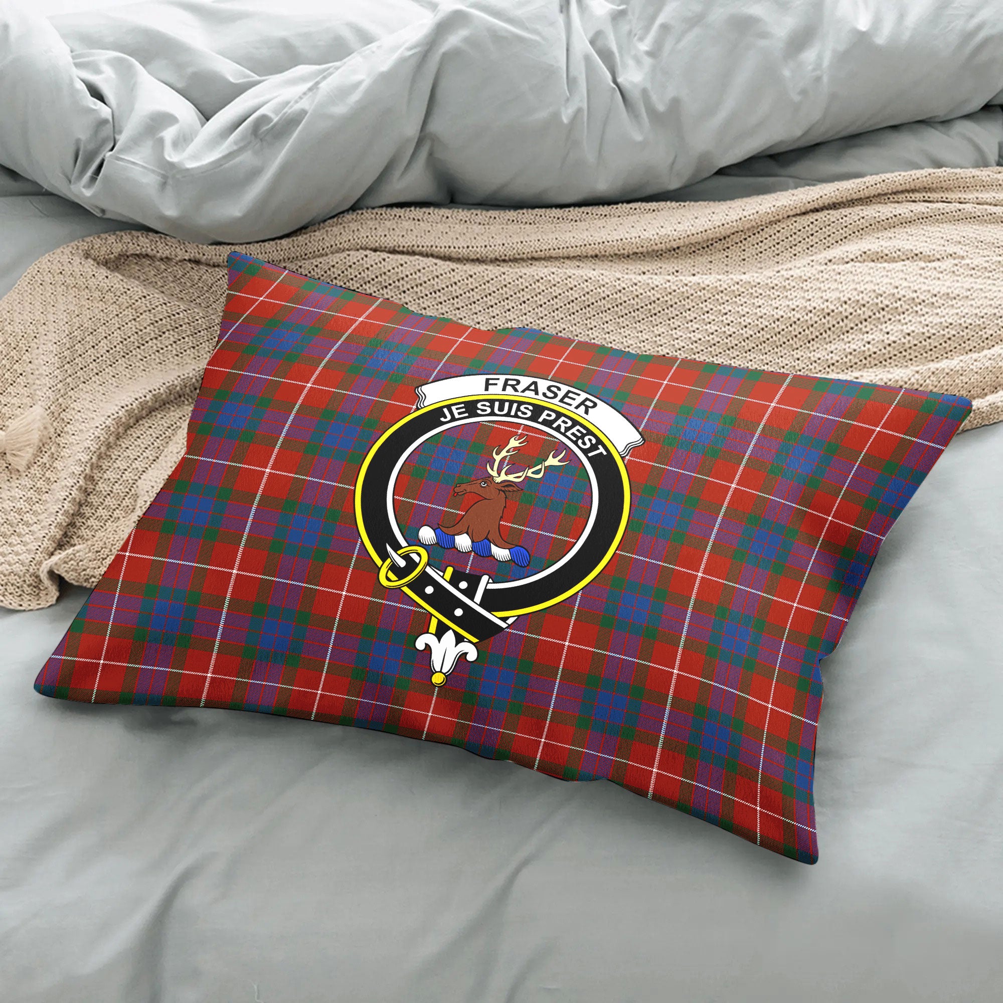 Fraser (of Lovat) Ancient Tartan Crest Pillow Cover