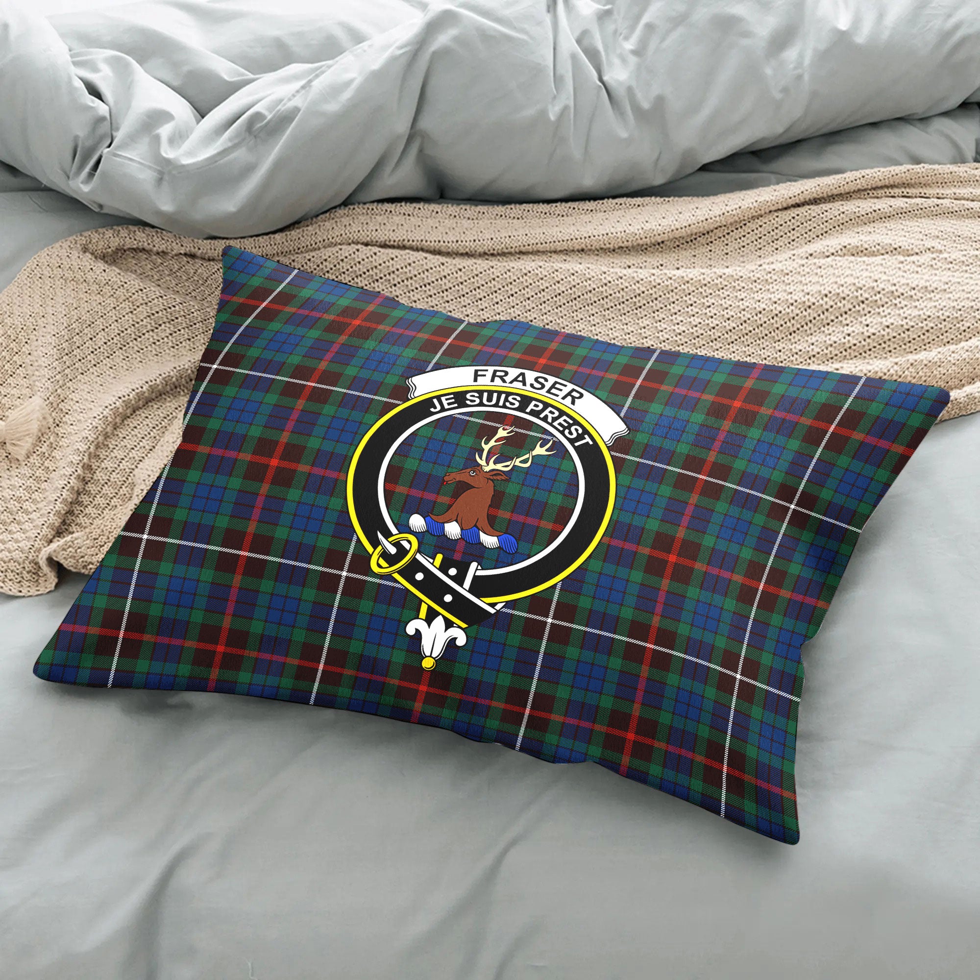 Fraser (of Lovat) Hunting Ancient Tartan Crest Pillow Cover