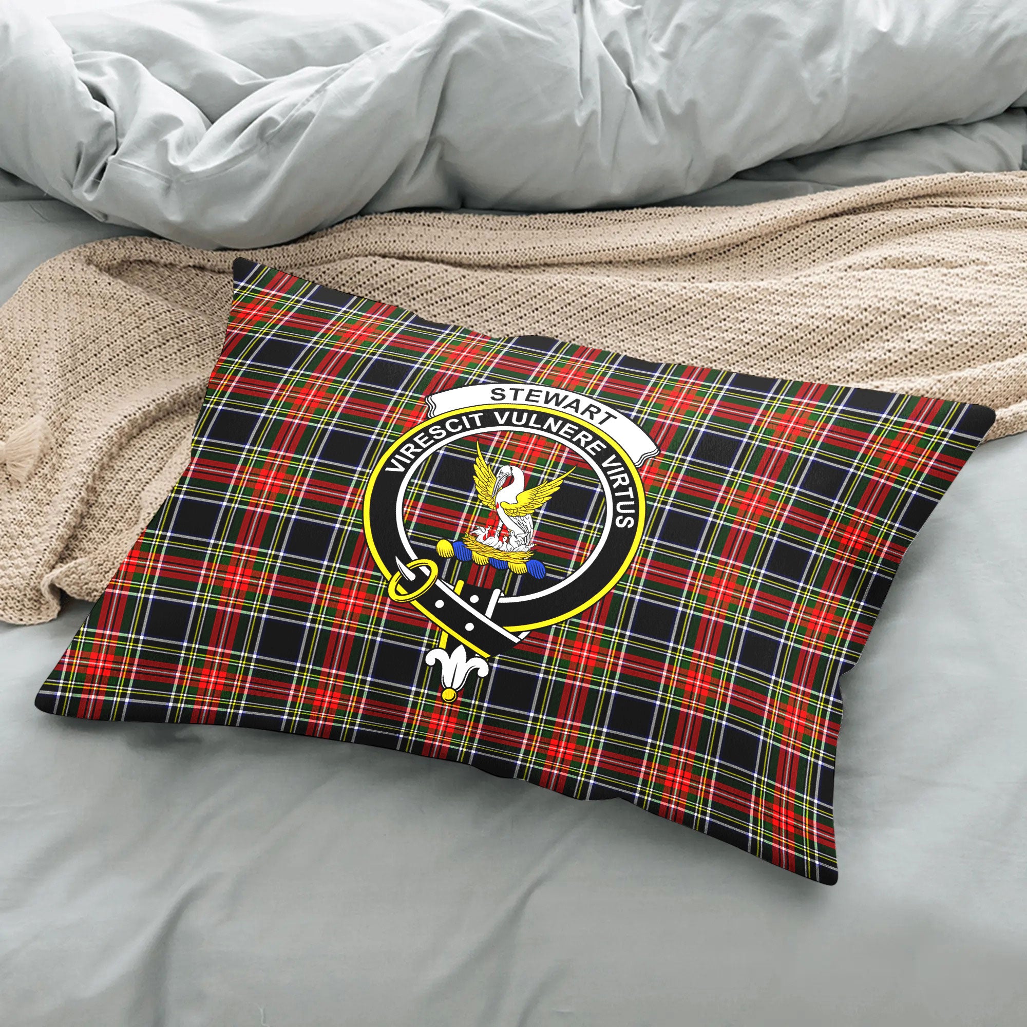 Stewart Black Tartan Crest Pillow Cover