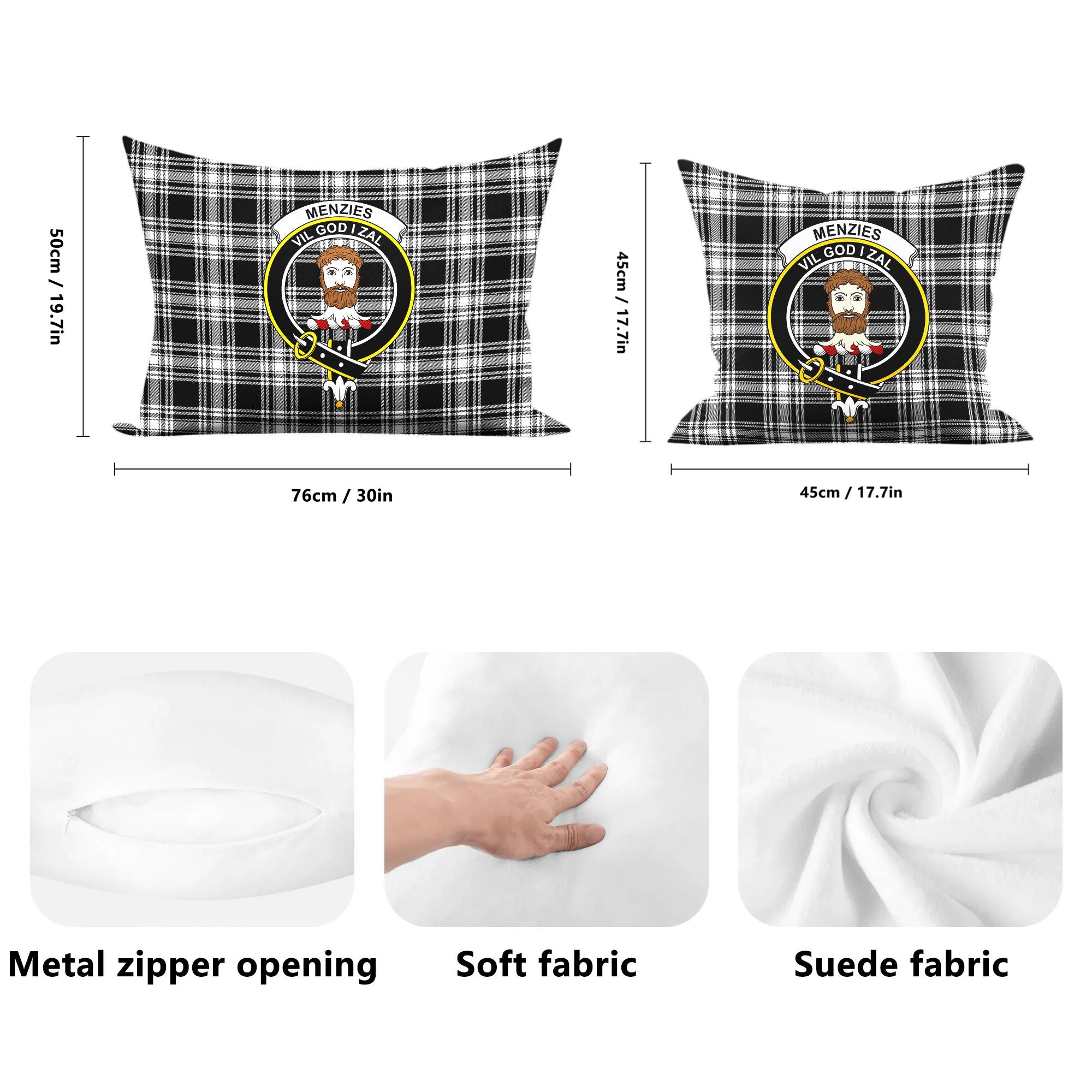 Menzies Black - White Modern Tartan Crest Pillow Cover