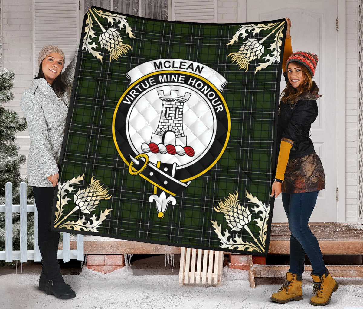 McLean Hunting Tartan Crest Premium Quilt - Gold Thistle Style