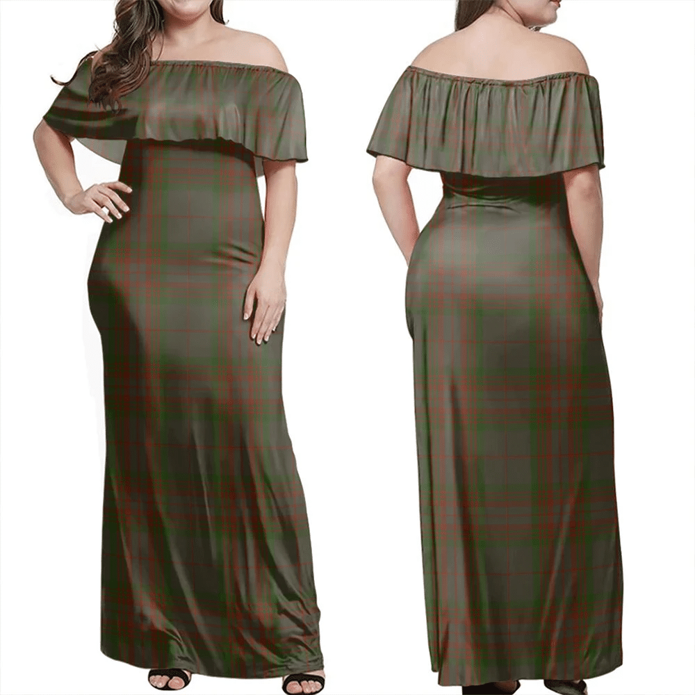 Gray Tartan Off Shoulder Long Dress