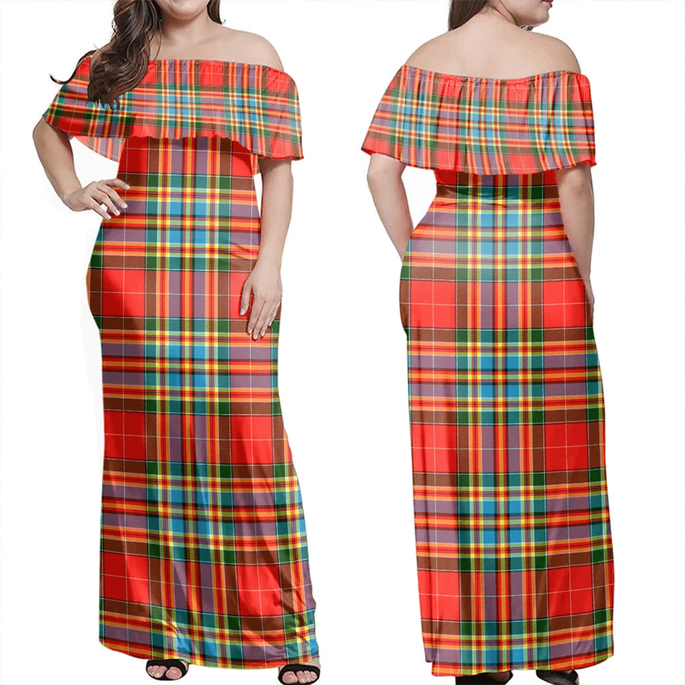 Chattan Tartan Off Shoulder Long Dress