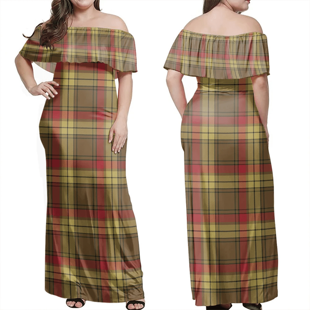 MacMillan Old Weathered Tartan Off Shoulder Long Dress