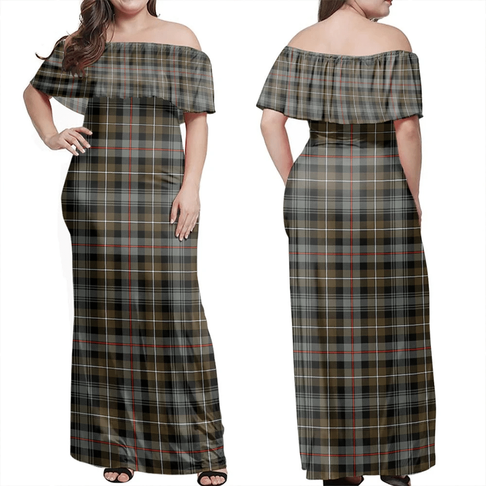 MacKenzie Weathered Tartan Off Shoulder Long Dress