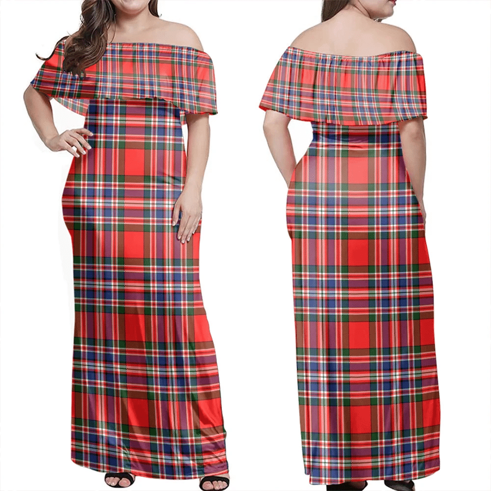 MacFarlane Modern Tartan Off Shoulder Long Dress