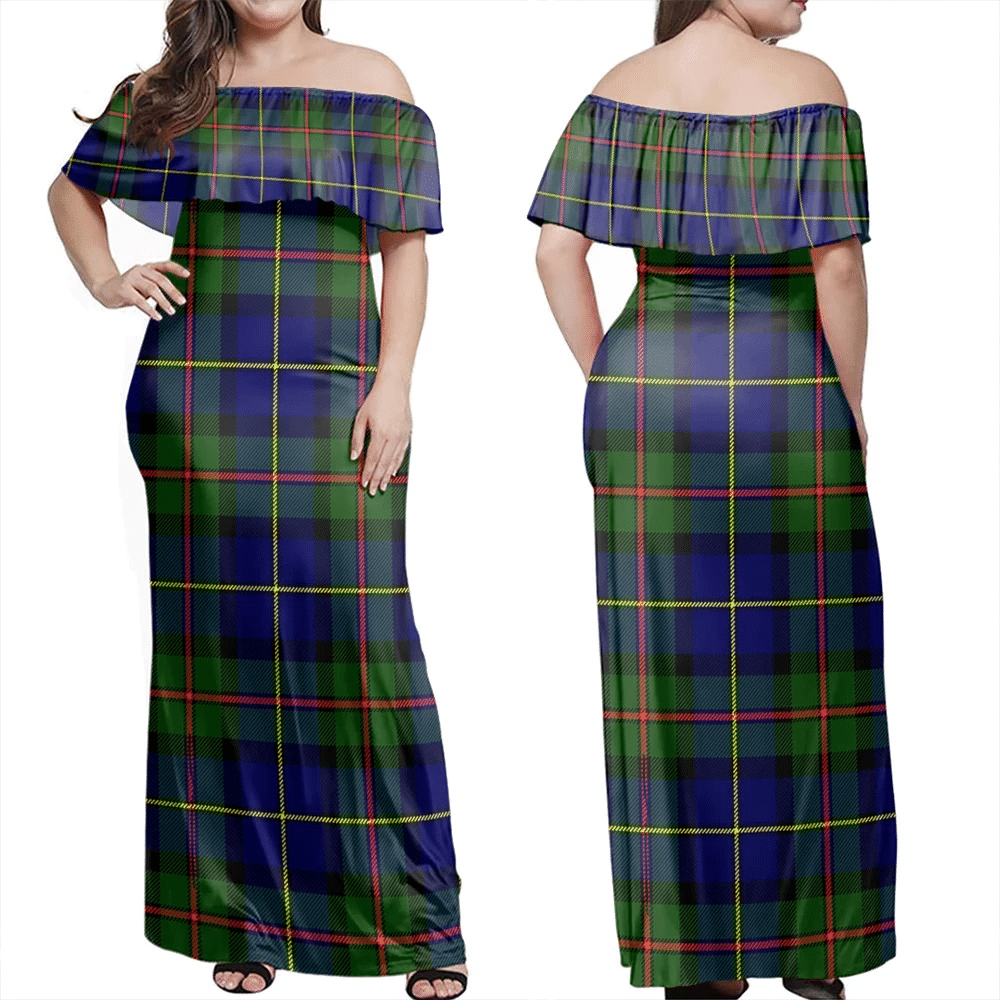 MacLeod Of Harris Modern Tartan Off Shoulder Long Dress