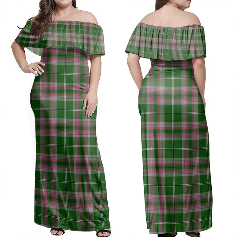 Gray Hunting Tartan Off Shoulder Long Dress