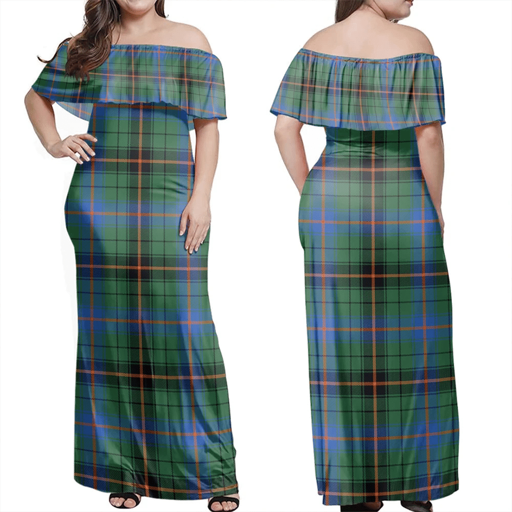 Davidson Ancient Tartan Off Shoulder Long Dress