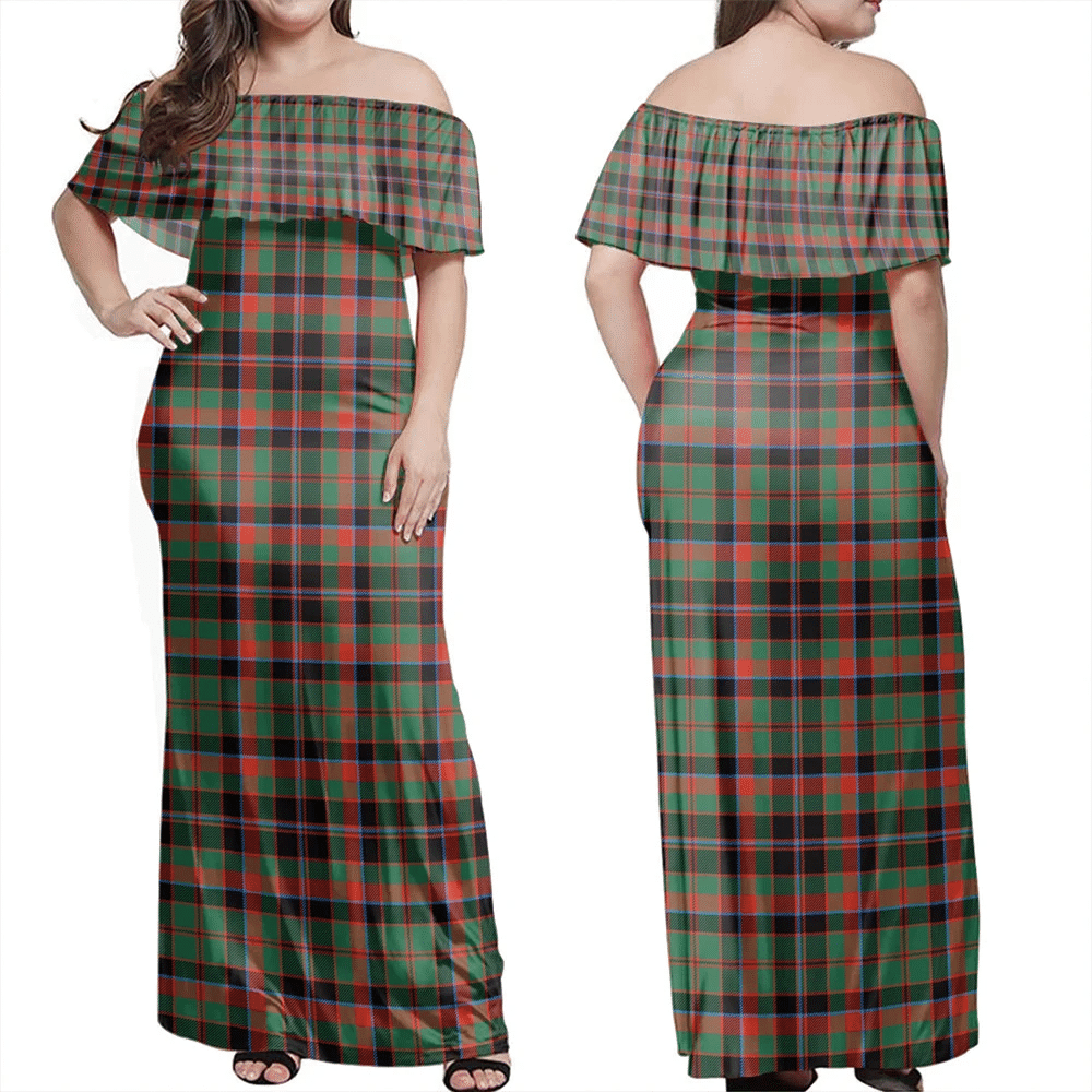 Cumming Hunting Ancient Tartan Off Shoulder Long Dress