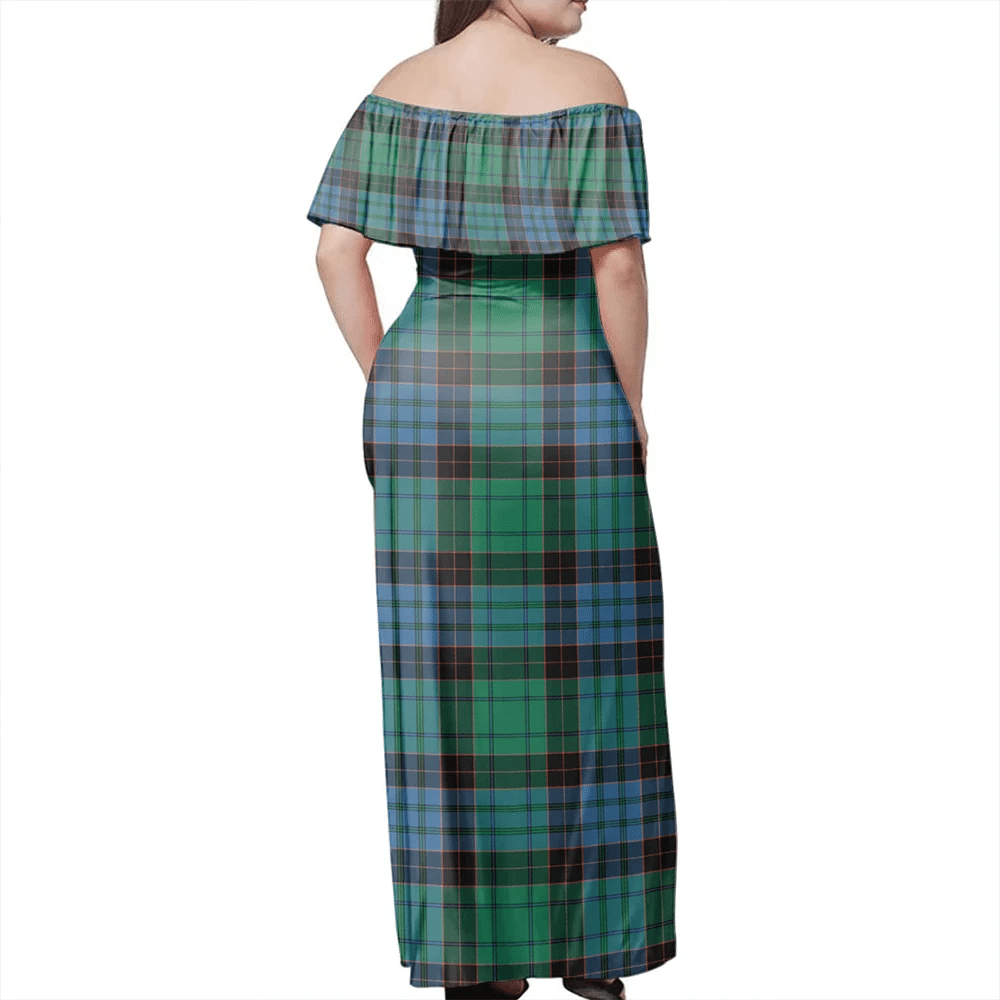 Stewart Old Ancient Tartan Off Shoulder Long Dress