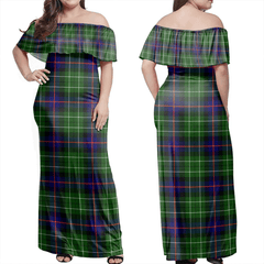 Leslie Hunting Ancient Tartan Off Shoulder Long Dress