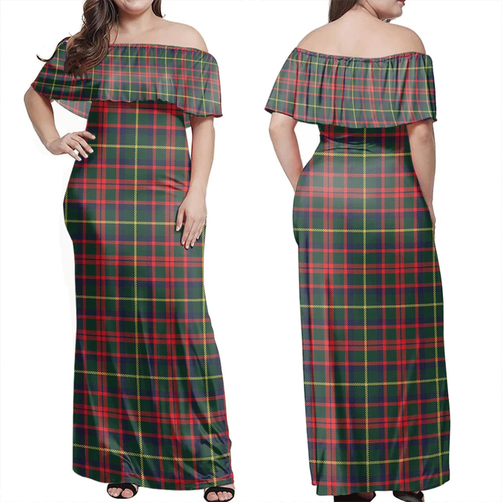 MacKintosh Hunting Modern Tartan Off Shoulder Long Dress