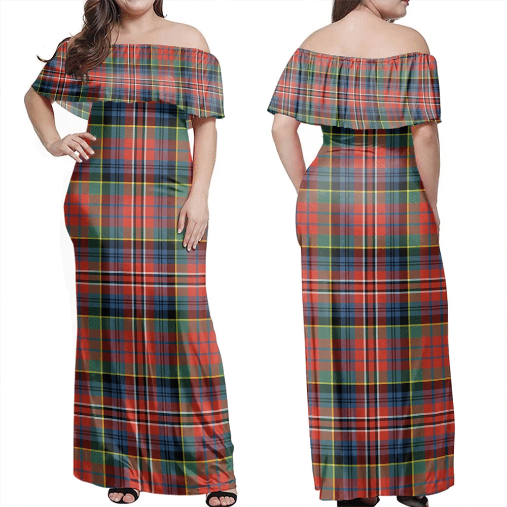 MacPherson Ancient Tartan Off Shoulder Long Dress