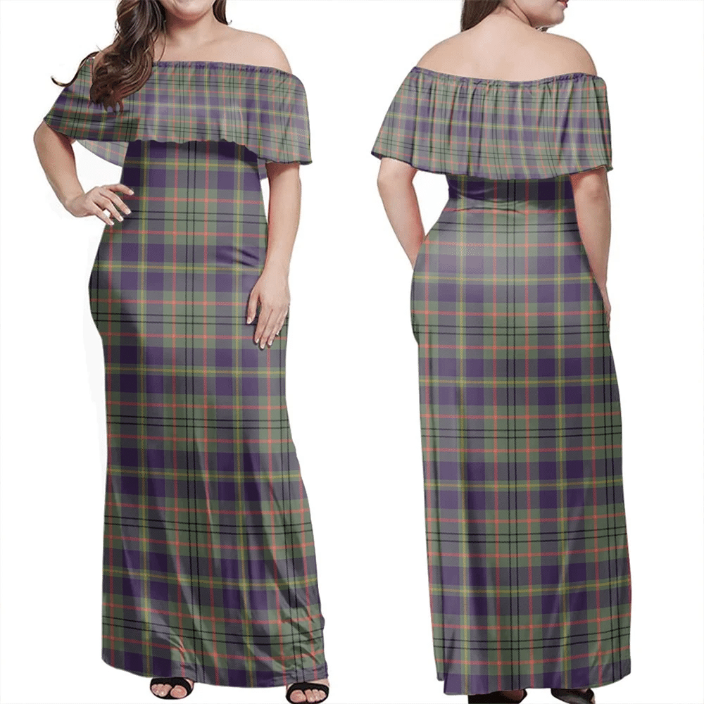 Taylor Weathered Tartan Off Shoulder Long Dress