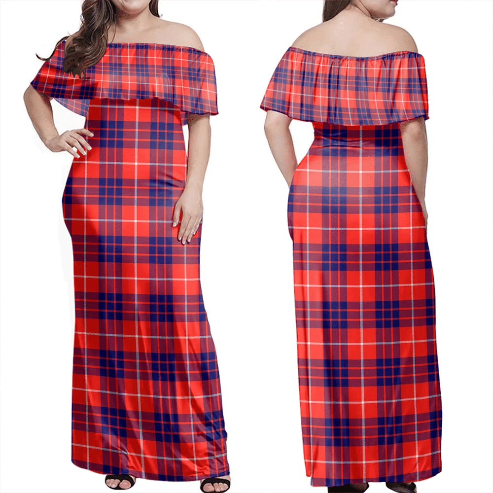 Hamilton Modern Tartan Off Shoulder Long Dress