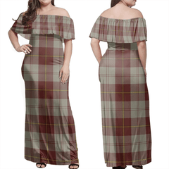 Cunningham Burgundy Dancers Tartan Off Shoulder Long Dress