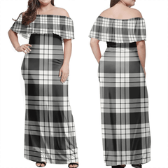 MacFarlane Black & White Tartan Off Shoulder Long Dress